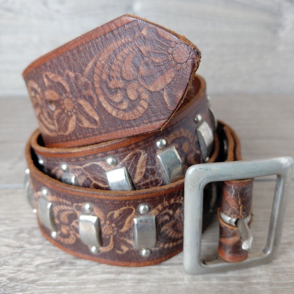 Tooled Floral Leather Belt with Metal Studs - Brown